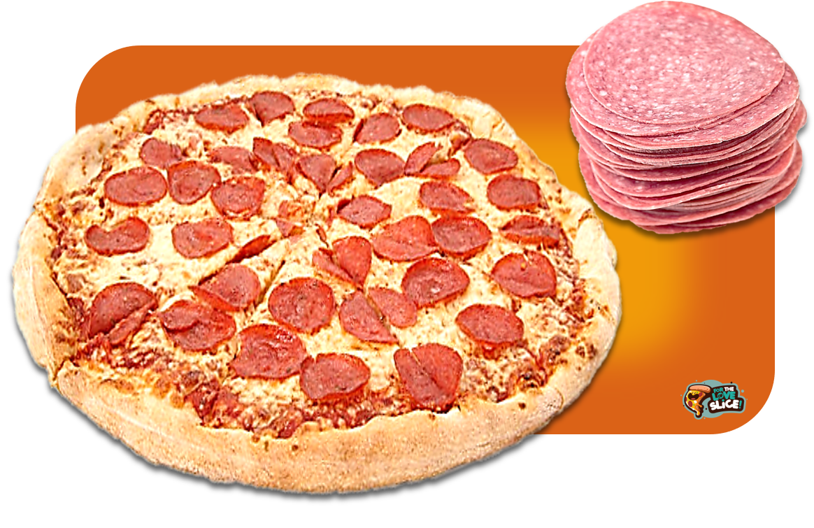 pepperoni pizza and a stack of pepperoni slices